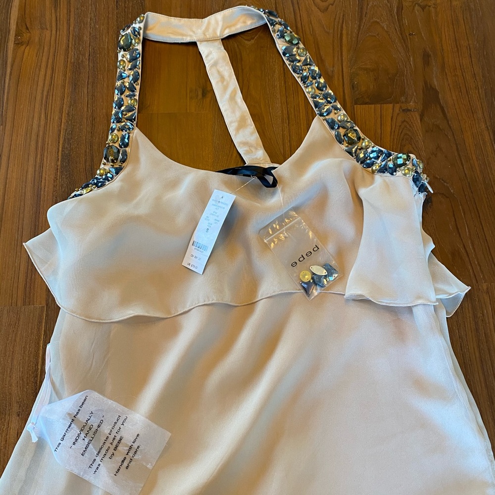BEBE Cream Layered Blouse with Sewed Jewels Size Small